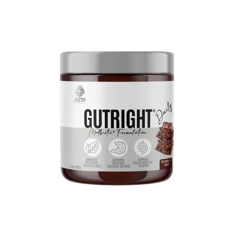 A jar of ATP Science GutRight Daily in Rich Choc flavor, labeled as a product to support gut health.