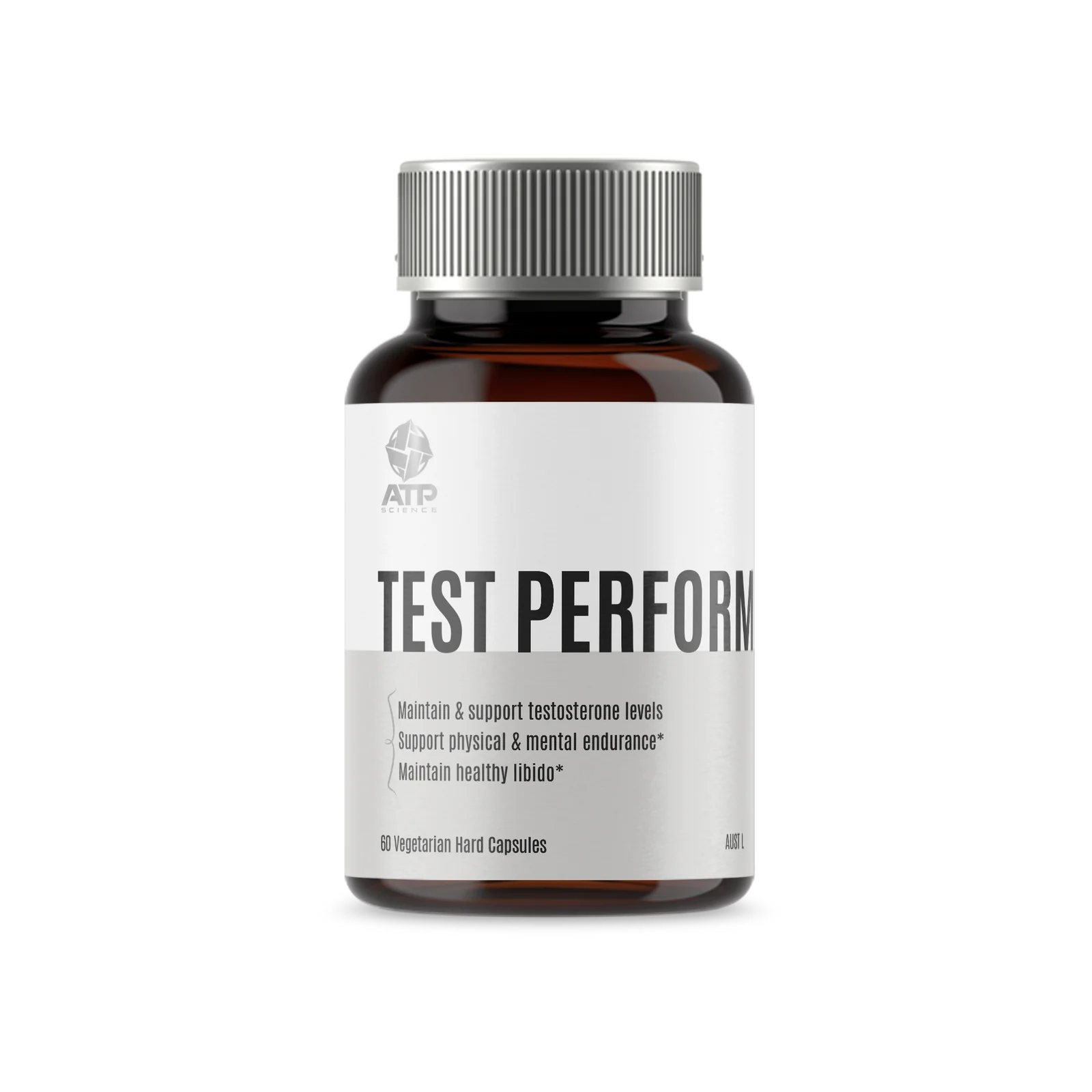 A bottle of ATP Science Test Perform supplement with a white label on a black background.