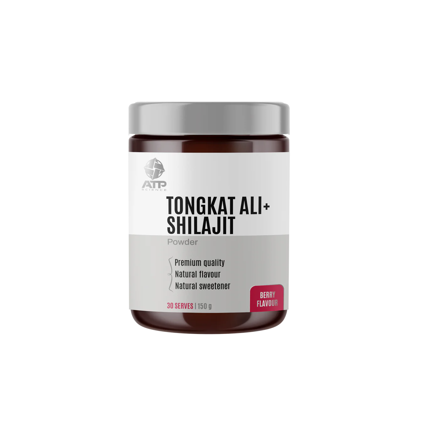 A jar of ATP Science Tongkat Ali + Shilajit powder with a white label, indicating natural flavor and natural sweetener.