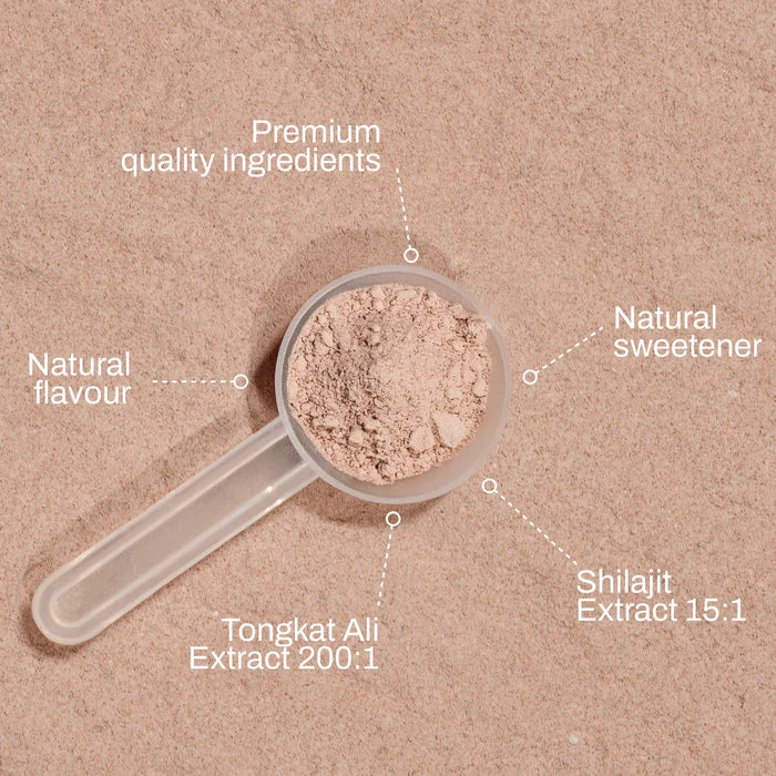 Scoop of brown powder with labeled ingredients on a beige background