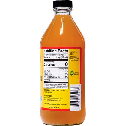 Organic, non-GMO apple cider vinegar with The Mother for natural health and wellness benefits, perfect for daily tonics or salads.