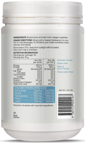 Unflavoured Multi-Collagen Powder mixed into a beverage for health benefits