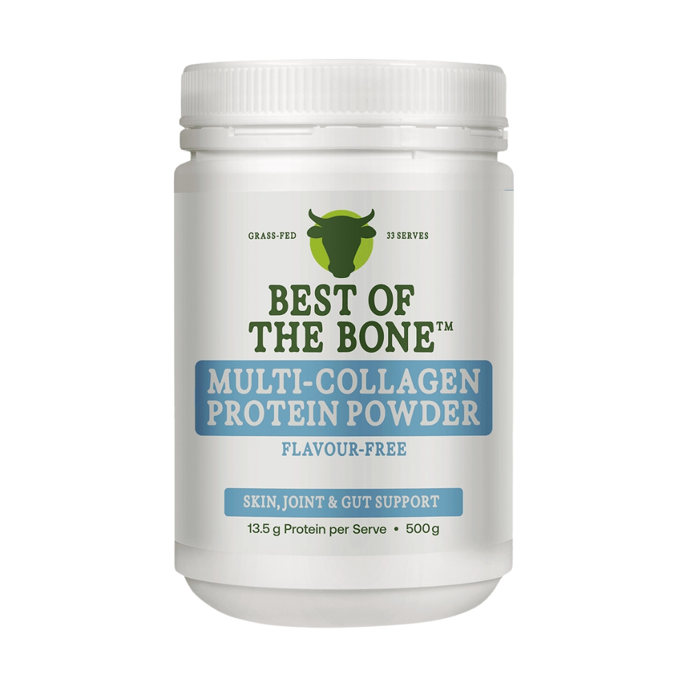 A container of Best Of The Bone Multi-Collagen Protein Powder with the label detailing that it's flavor-free and has 13.5g of protein per serve, 500g size.