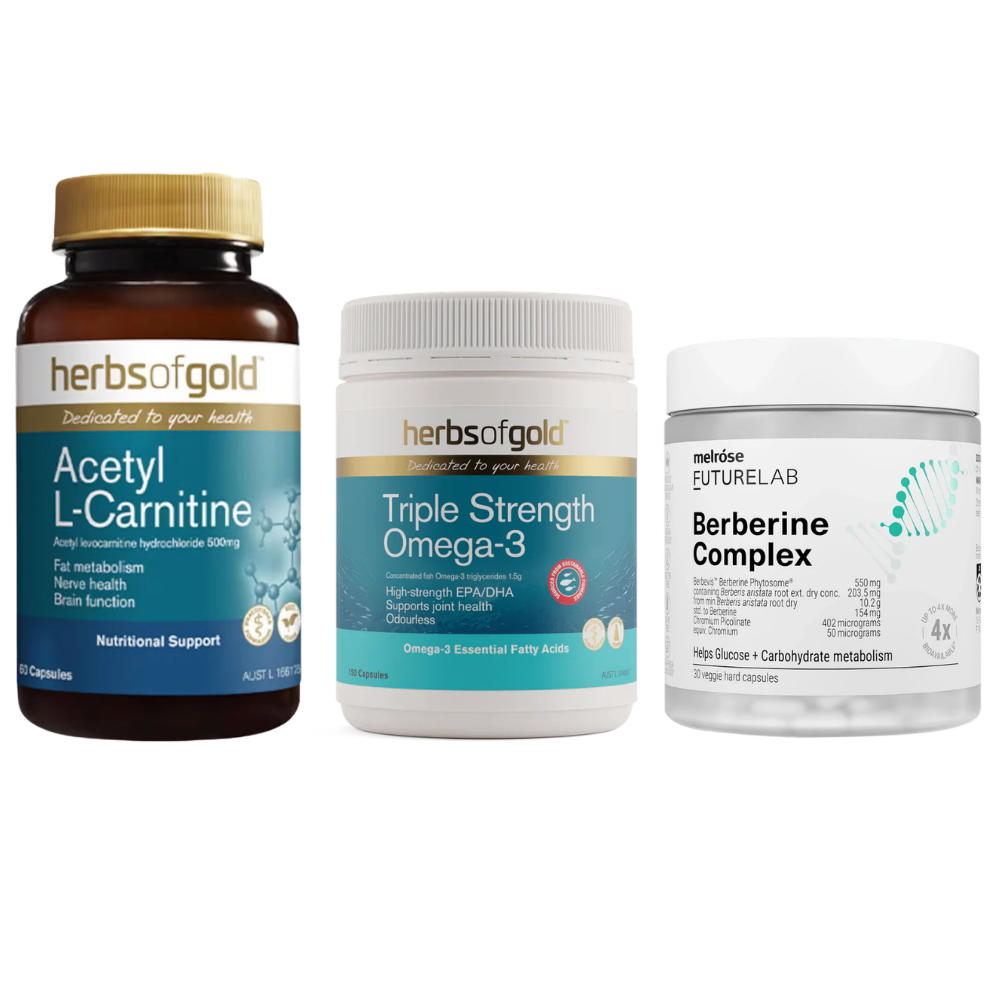 Blood sugar and metabolic support bundle with Melrose FutureLab Berberine Complex, Herbs of Gold Triple Strength Omega-3 and Herbs of Gold Acetyl L-Carnitine, Naturopath-approved and available at Nourishing Apothecary