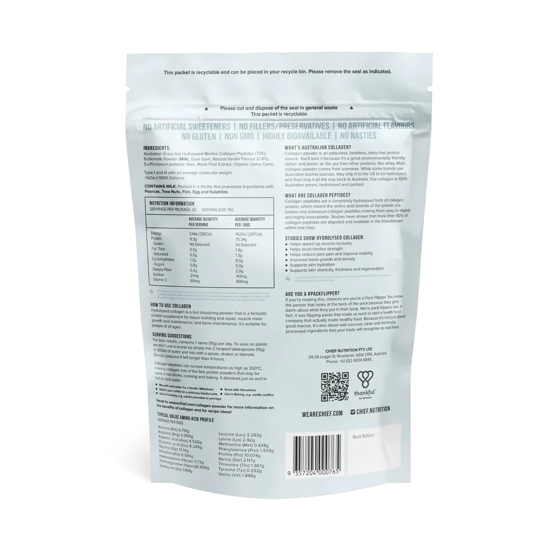 Back of Chief. Collagen Protein Powder pouch showing nutrition panel, ingredients, and storage directions.