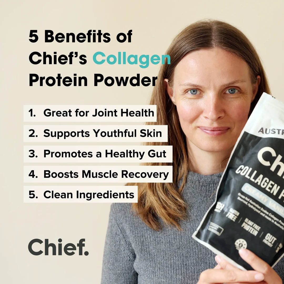 Infographic listing 5 benefits of Chief’s Collagen Protein Powder with a woman holding the product, including joint, skin, gut, and muscle support.