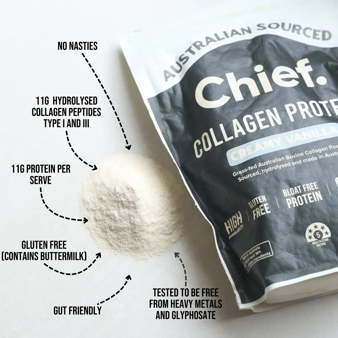 Chief. Collagen Protein Creamy Vanilla pouch with a scoop of powder next to the packaging, highlighting texture and features like “no nasties” and “gut-friendly.”
