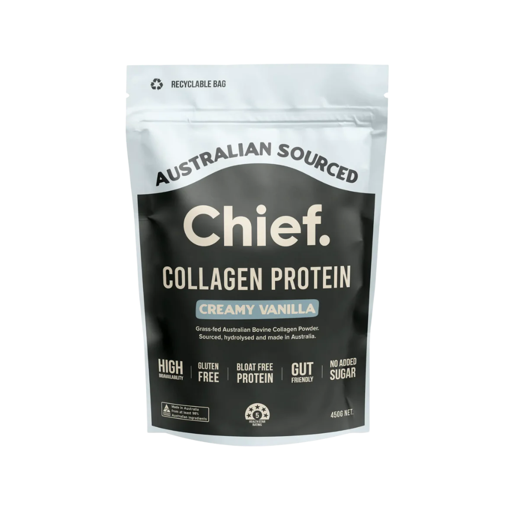 A package of Chief. Collagen Protein in creamy vanilla flavor, highlighting its Australian source and various health benefits such as high protein content, gluten-free, dairy-free, and sugar-free.