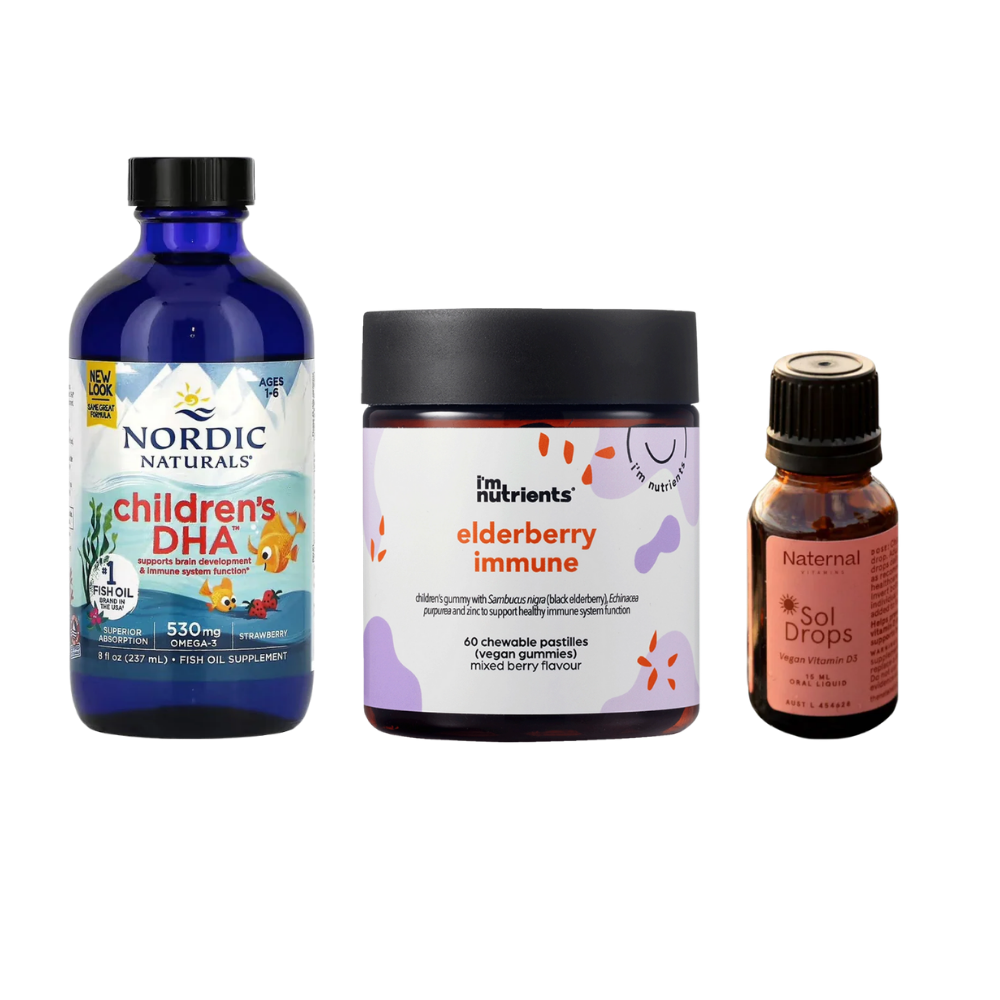 Three health and wellness products arranged side by side on a white background: a blue bottle of Nordic Naturals Children's DHA, a white jar of I'm Nutrients Elderberry Immune, and a small amber bottle of Natral Sol Drops.