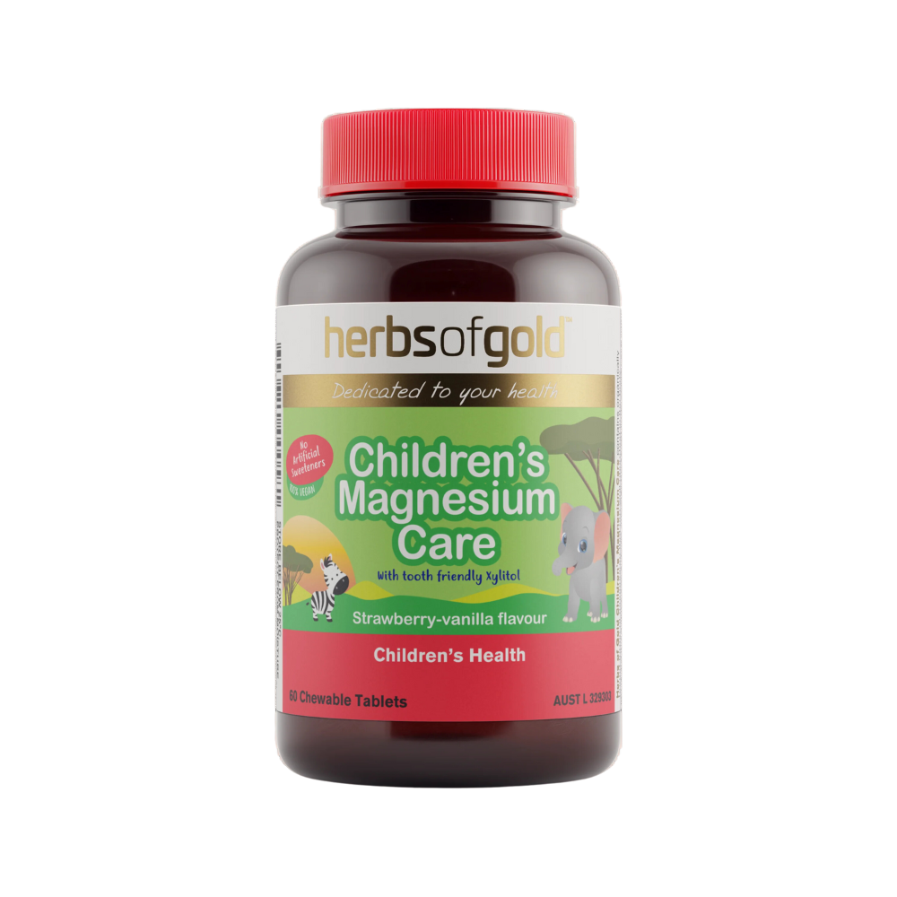 Herbs of Gold Children’s Magnesium Care bottle, front label visible, against a white background.