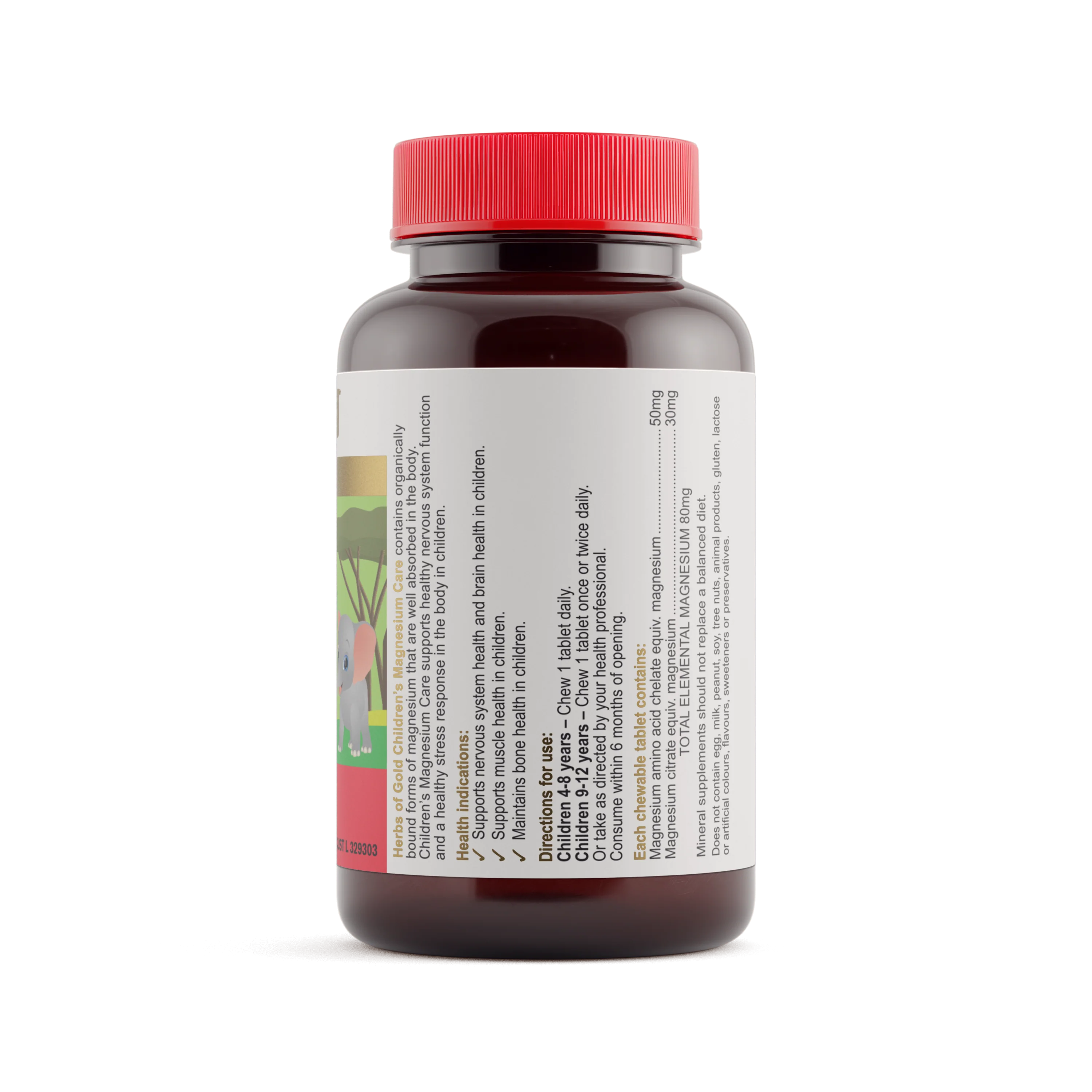 Herbs of Gold Children’s Magnesium Care bottle showing product directions and details, against a white background.