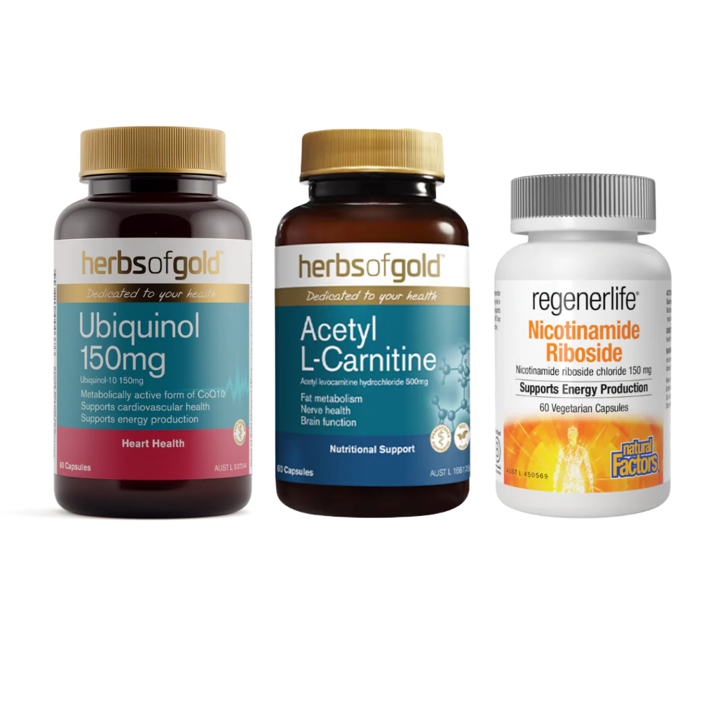 Energy and cellular health bundle with Natural Factors Nicotinamide Riboside, Herbs of Gold Ubiquinol 150mg and Herbs of Gold Acetyl L-Carnitine, Naturopath-approved and available at Nourishing Apothecary