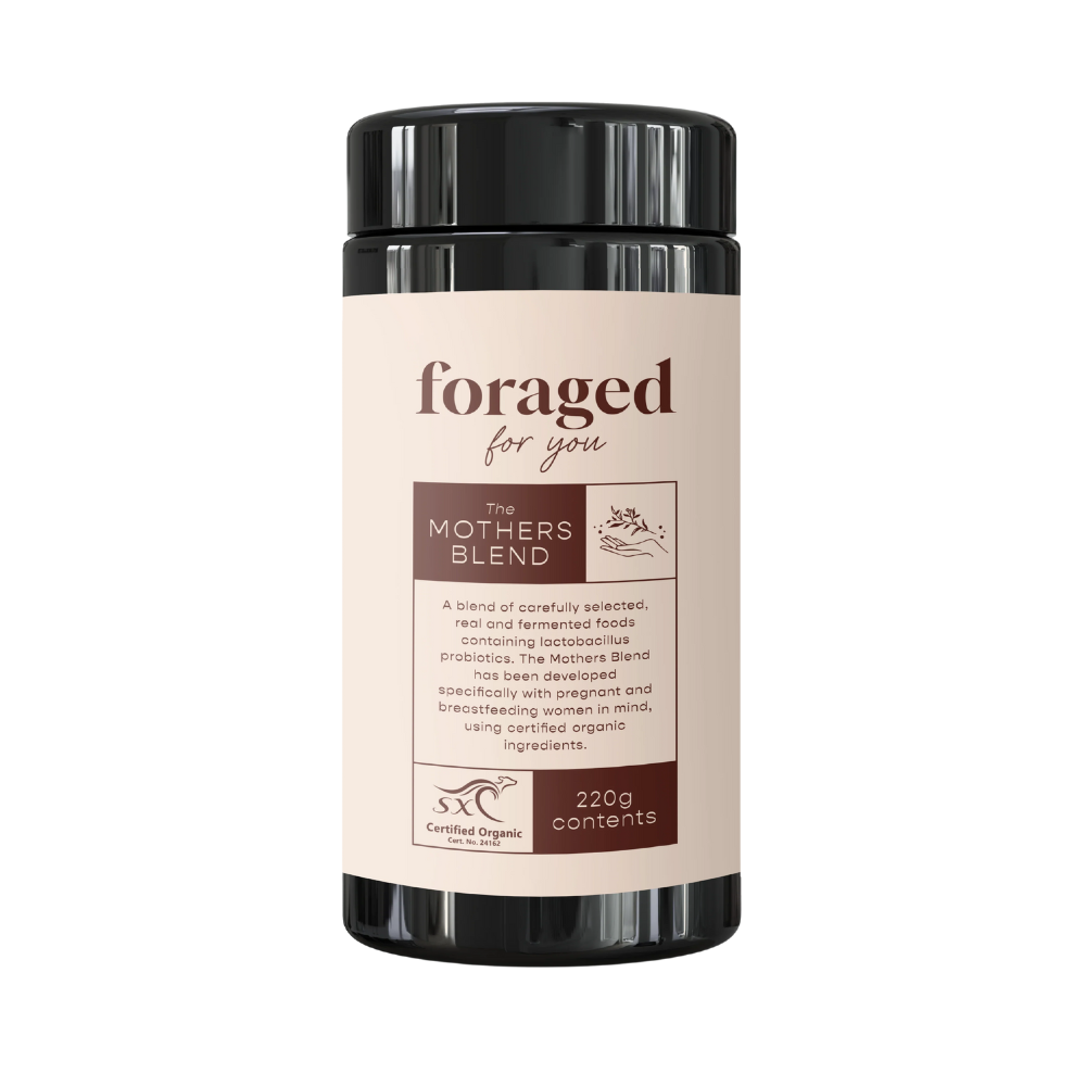 A bottle of 'Foraged for you Mothers Blend' supplement, labeled as containing 220g of contents, primarily aimed at providing a range of nutrients from fermented foods.