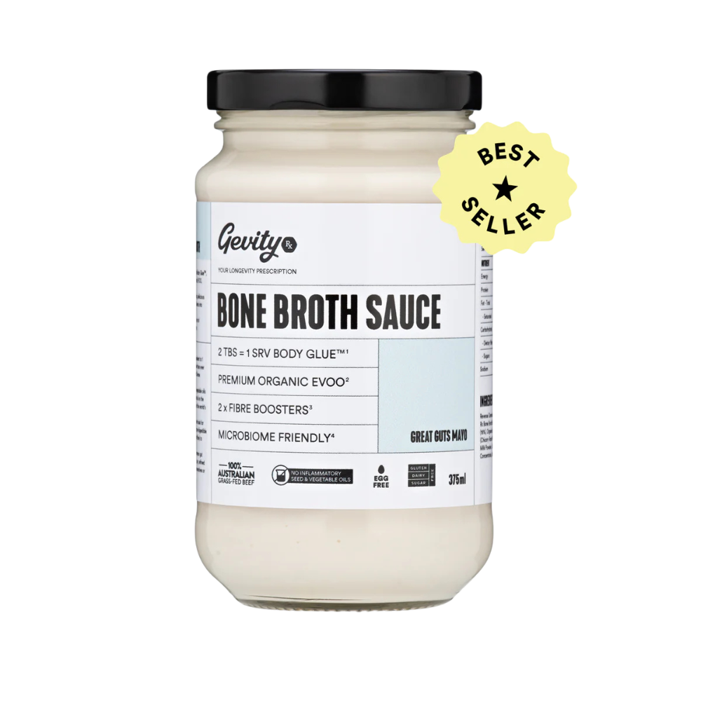 A jar of Gevity RX Bone Broth Sauce with a label that includes the product name, a brief description, and the claim 'Best Seller'. The jar is sealed and has a black lid.