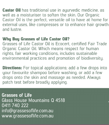 Close-up of the Grasses of Life Organic Castor Oil label showing USDA, EU and JAS certifications