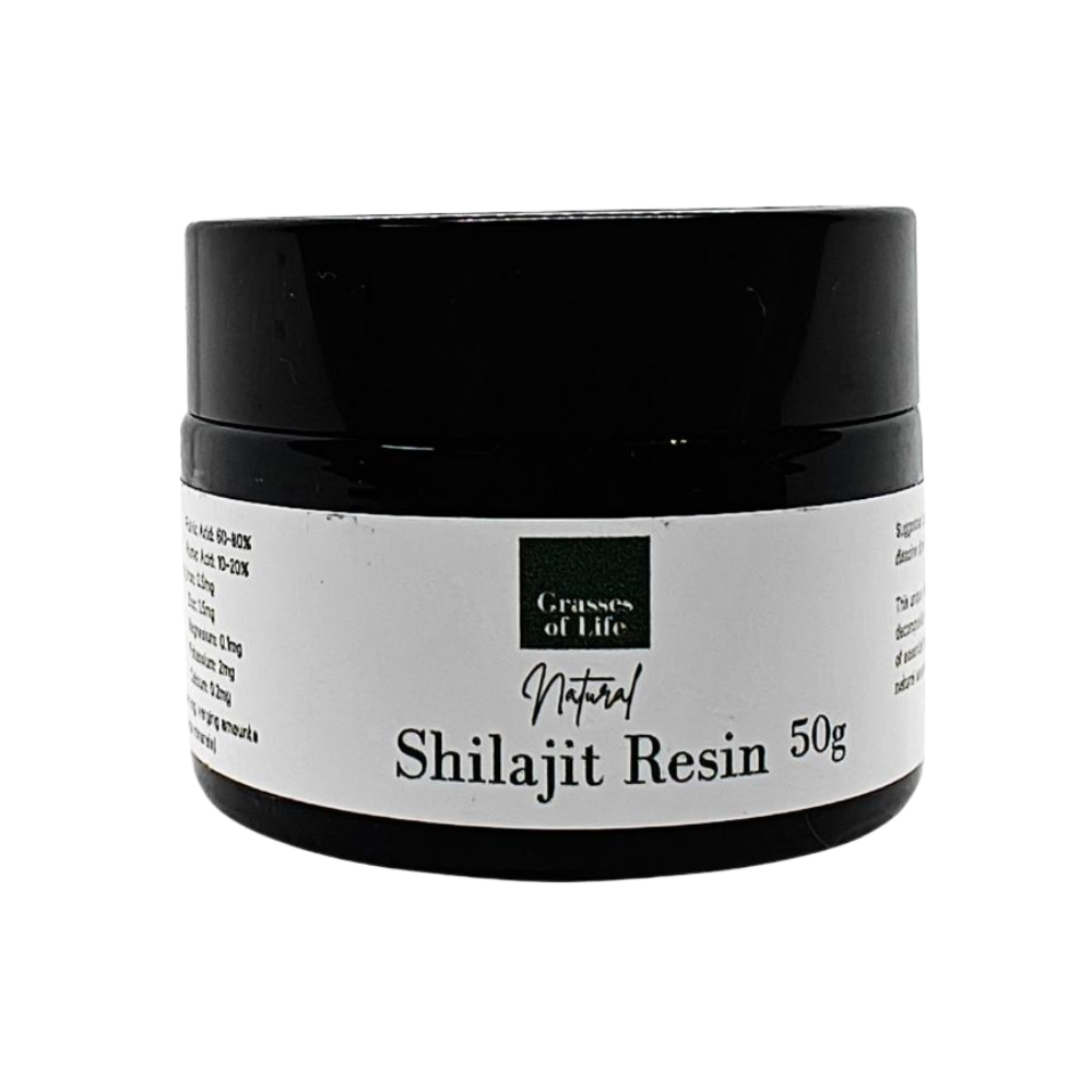 A jar of Grasses of Life Natural Shilajit Resin, 50g size, with labeling that includes product name and weight.