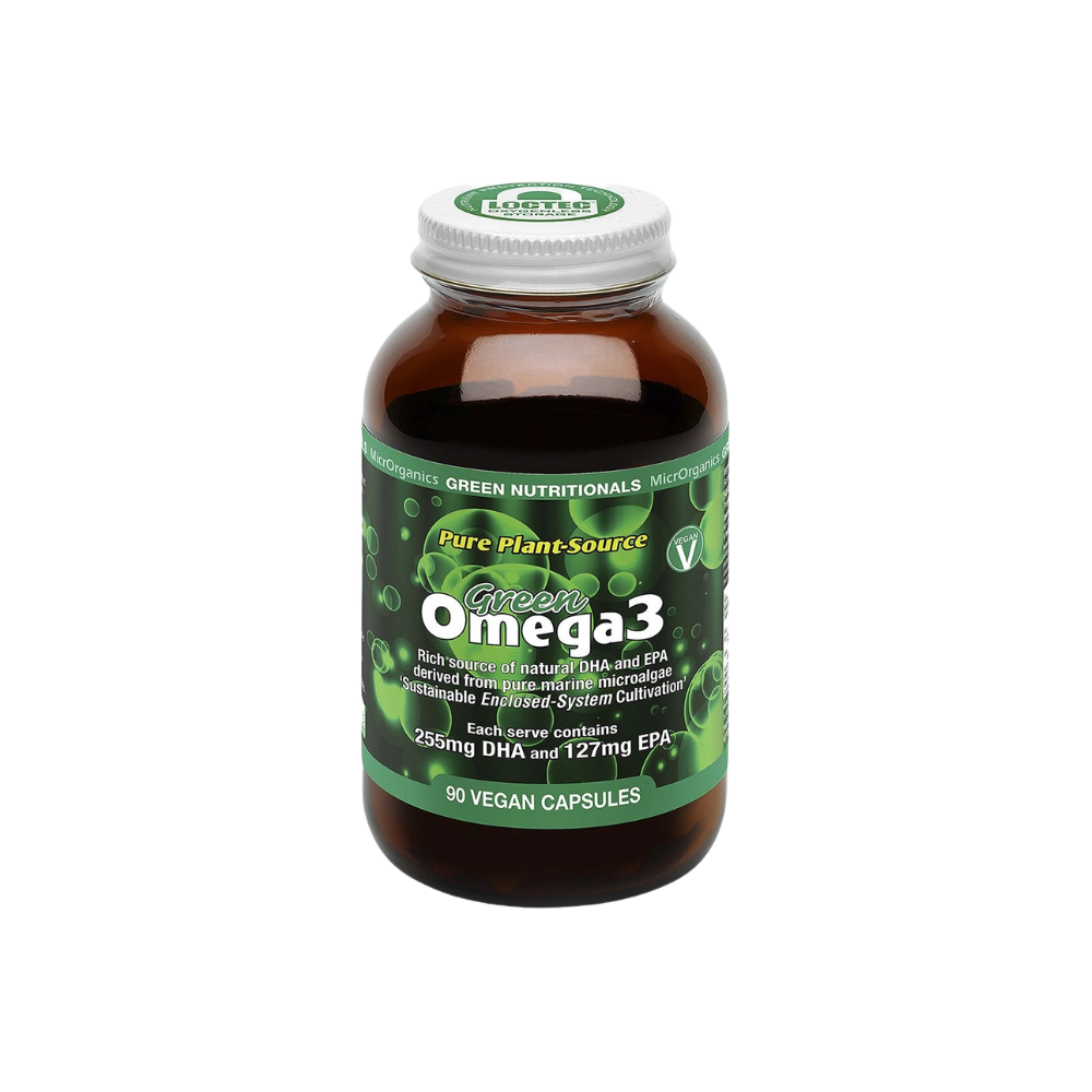 Brown bottle with green label containing Omega 3 capsules on white background