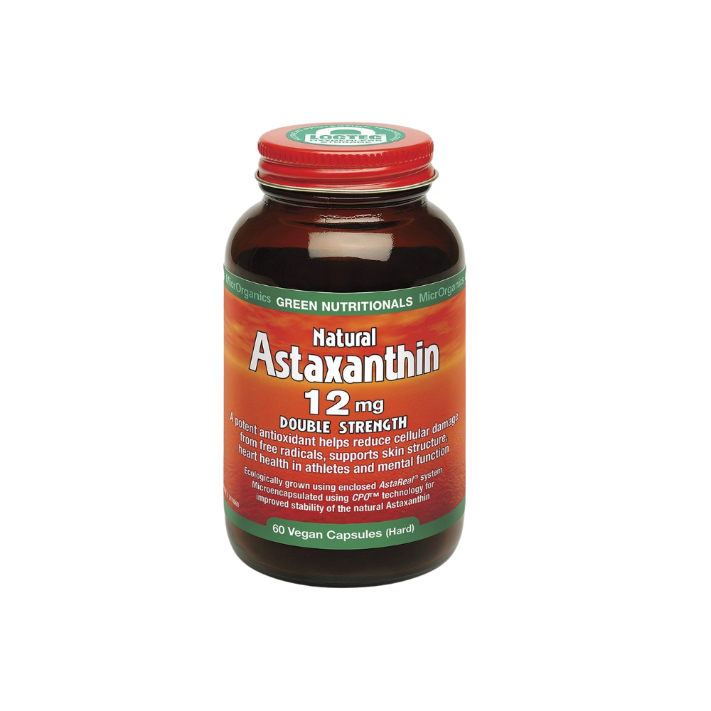 Bottle of Green Nutritionals Natural Astaxanthin 12 mg on a white background