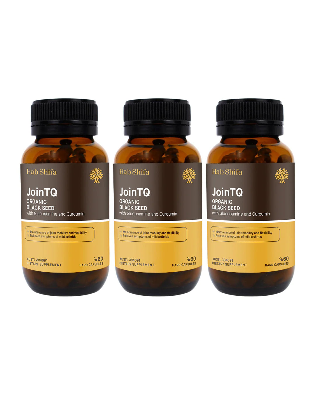 Three bottles of Hab Shifa JoinTQ Organic Black Seed on a white background
