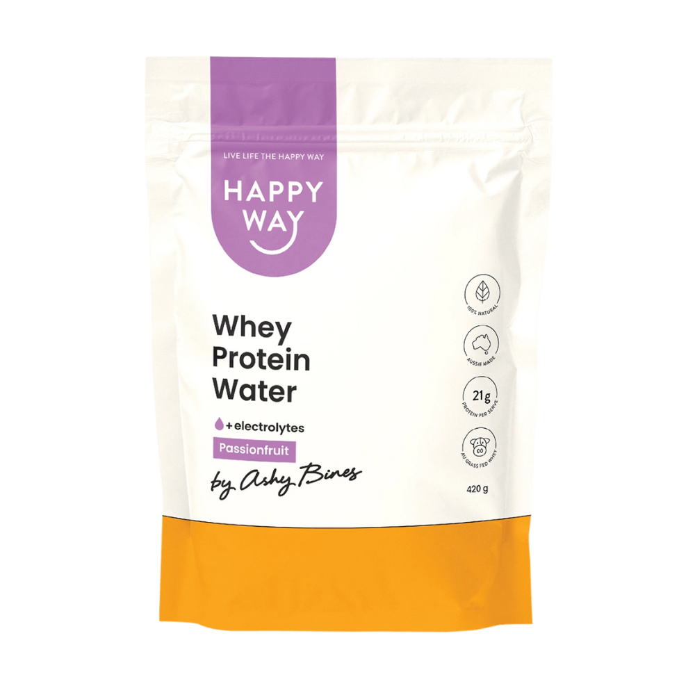 Packaging of Happy Way Whey Protein Water with branding and product information.