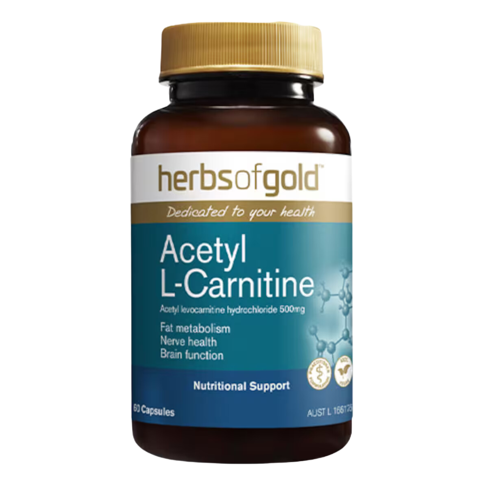 A bottle of Herbs of Gold Acetyl L-Carnitine, with a label indicating it supports energy production and muscle performance, and is dedicated to your health.