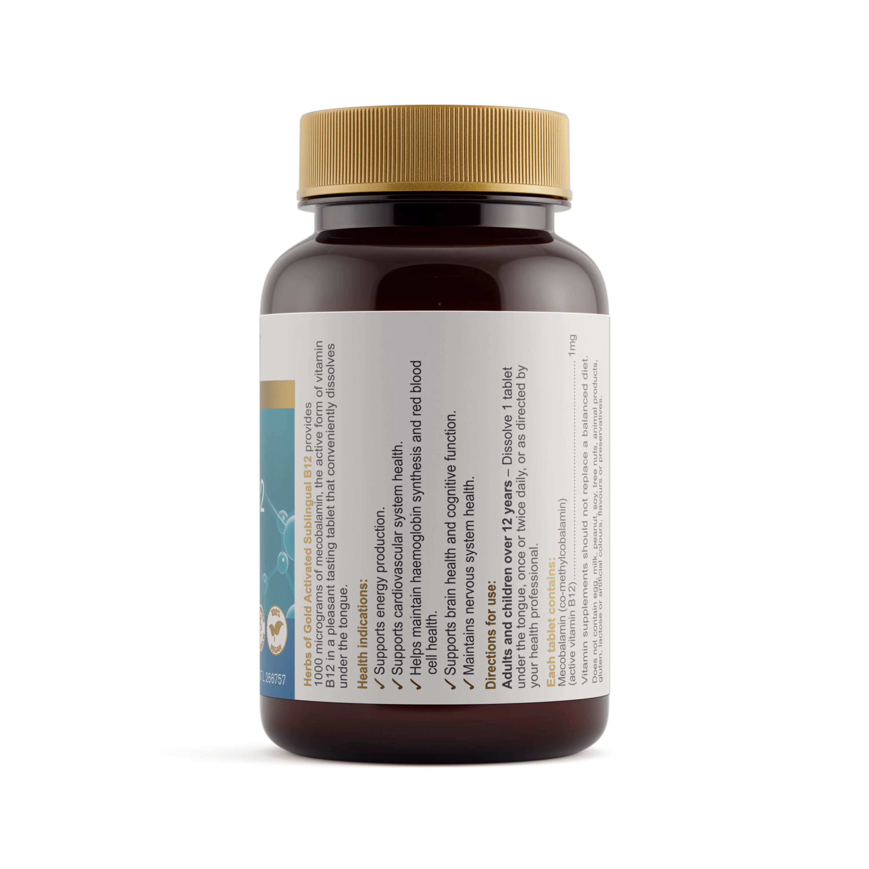 Herbs of Gold Activated Sublingual B12 bottle showing supplement facts and ingredients panel on a white background.
