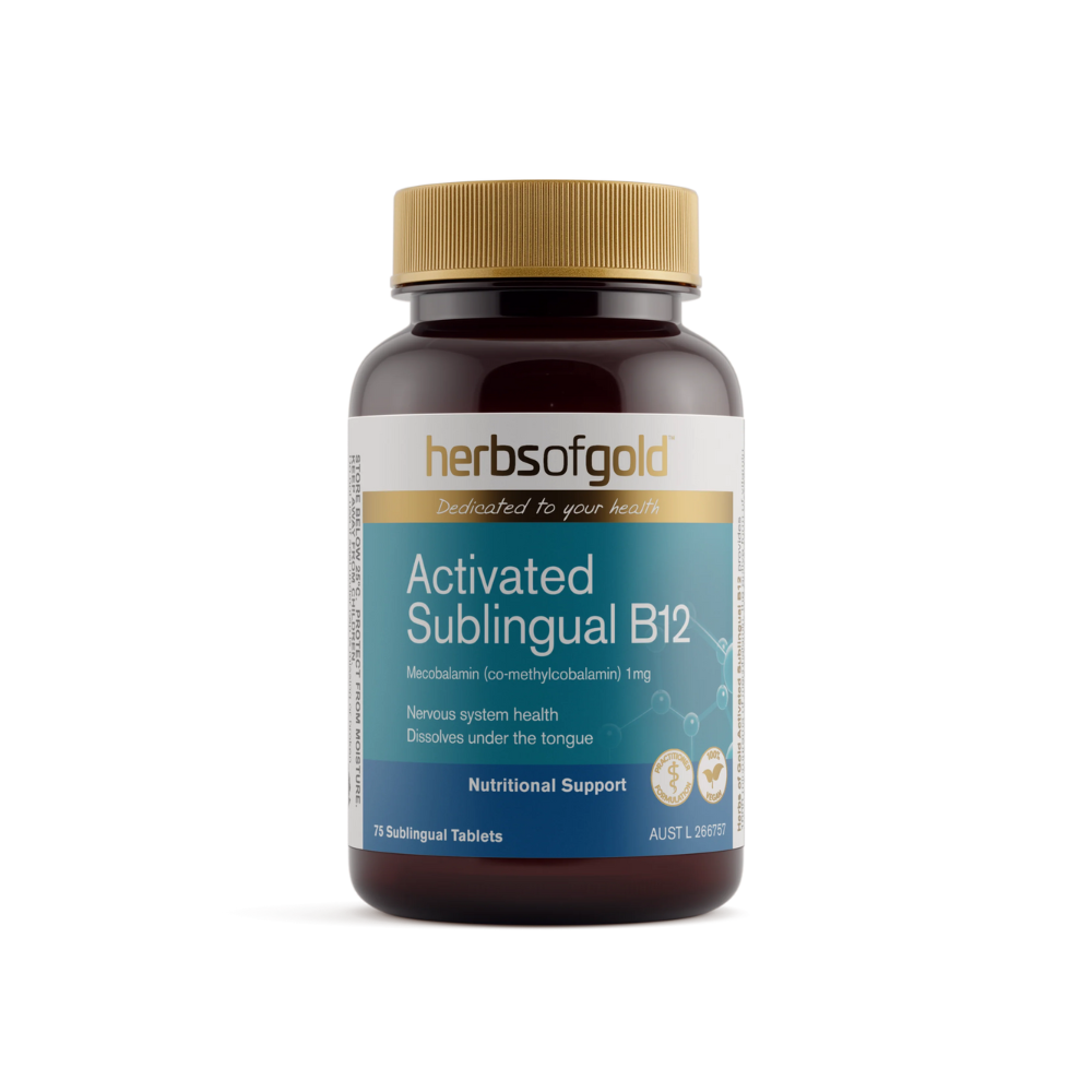 Herbs of Gold Activated Sublingual B12 bottle, front label visible, against a white background.