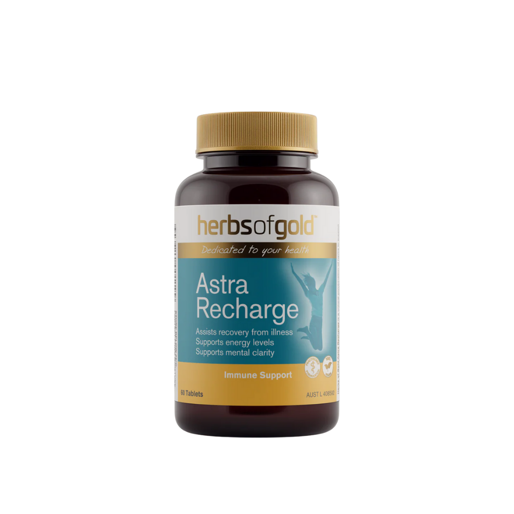 Herbs of Gold Astra Recharge supplement bottle on a white background
