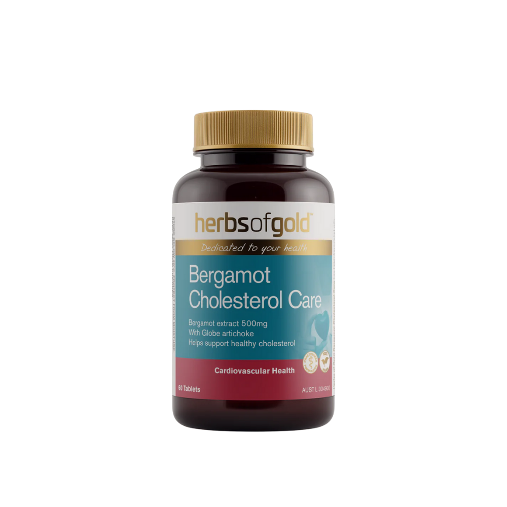 Herbs of Gold Bergamot Cholesterol Care supplement bottle on a white background