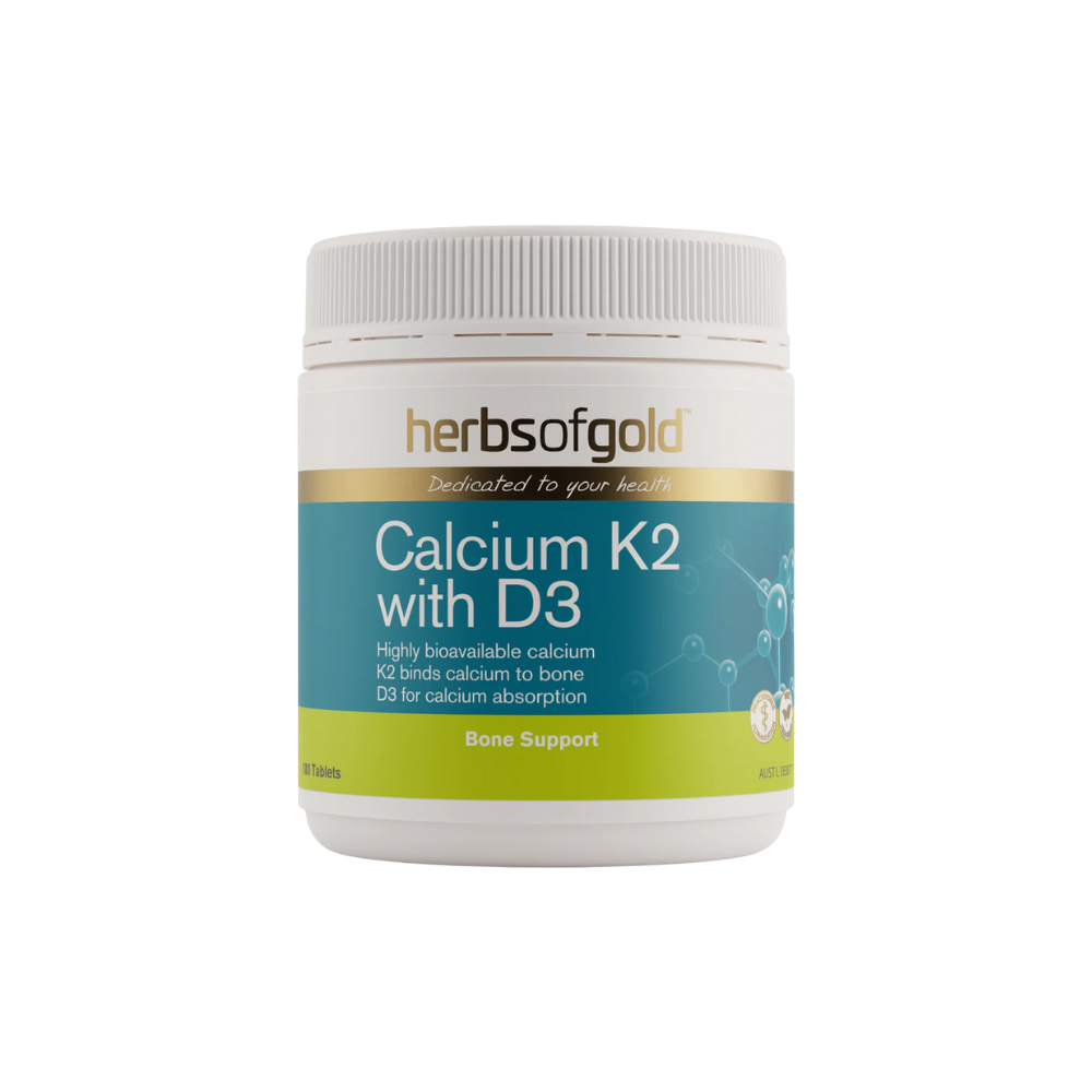 Herbs of Gold Calcium K2 with D3 supplement container on a white background