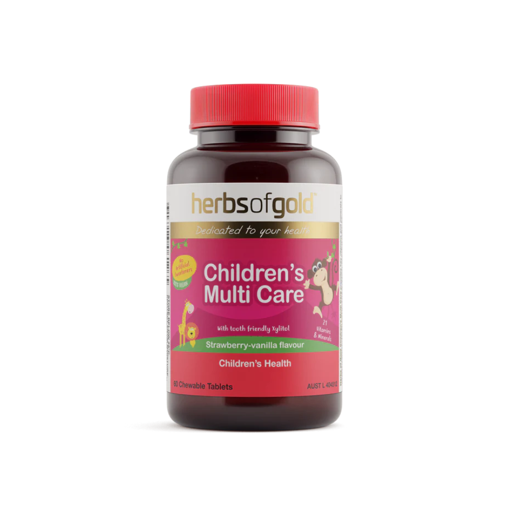 A bottle of Herbs of Gold Children's Multi Care chewable tablets in strawberry-vanilla flavor, with a red cap and label indicating it is a children's health product.