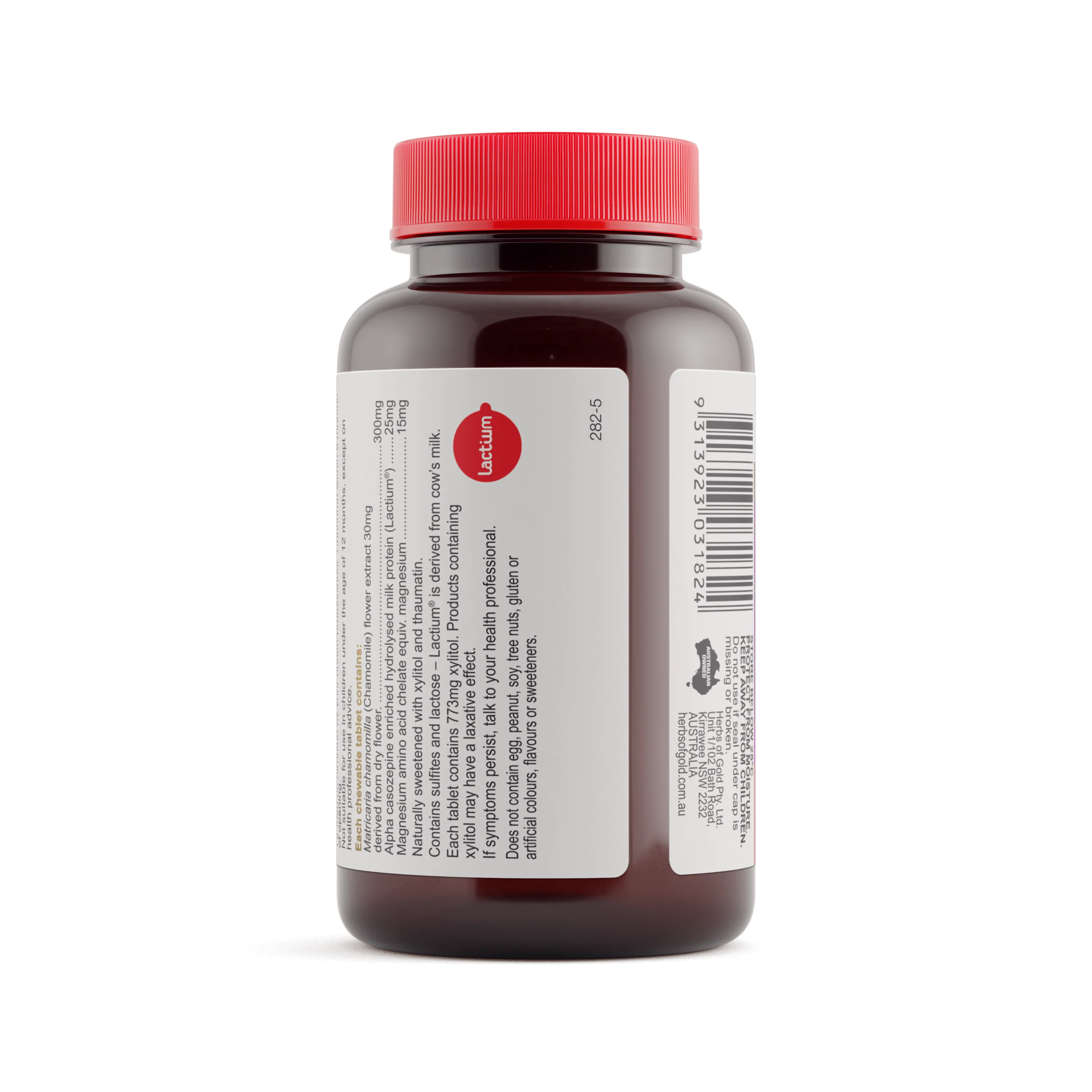 Herbs of Gold Children’s Calm Care bottle showing usage directions and product details, against a white background.