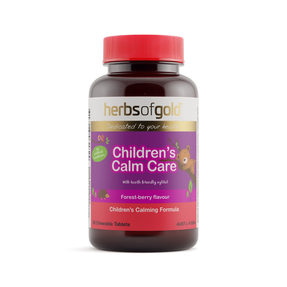 A bottle of Herbs of Gold Children's Calm Care with forest berry flavour, containing chewable tablets for kids.