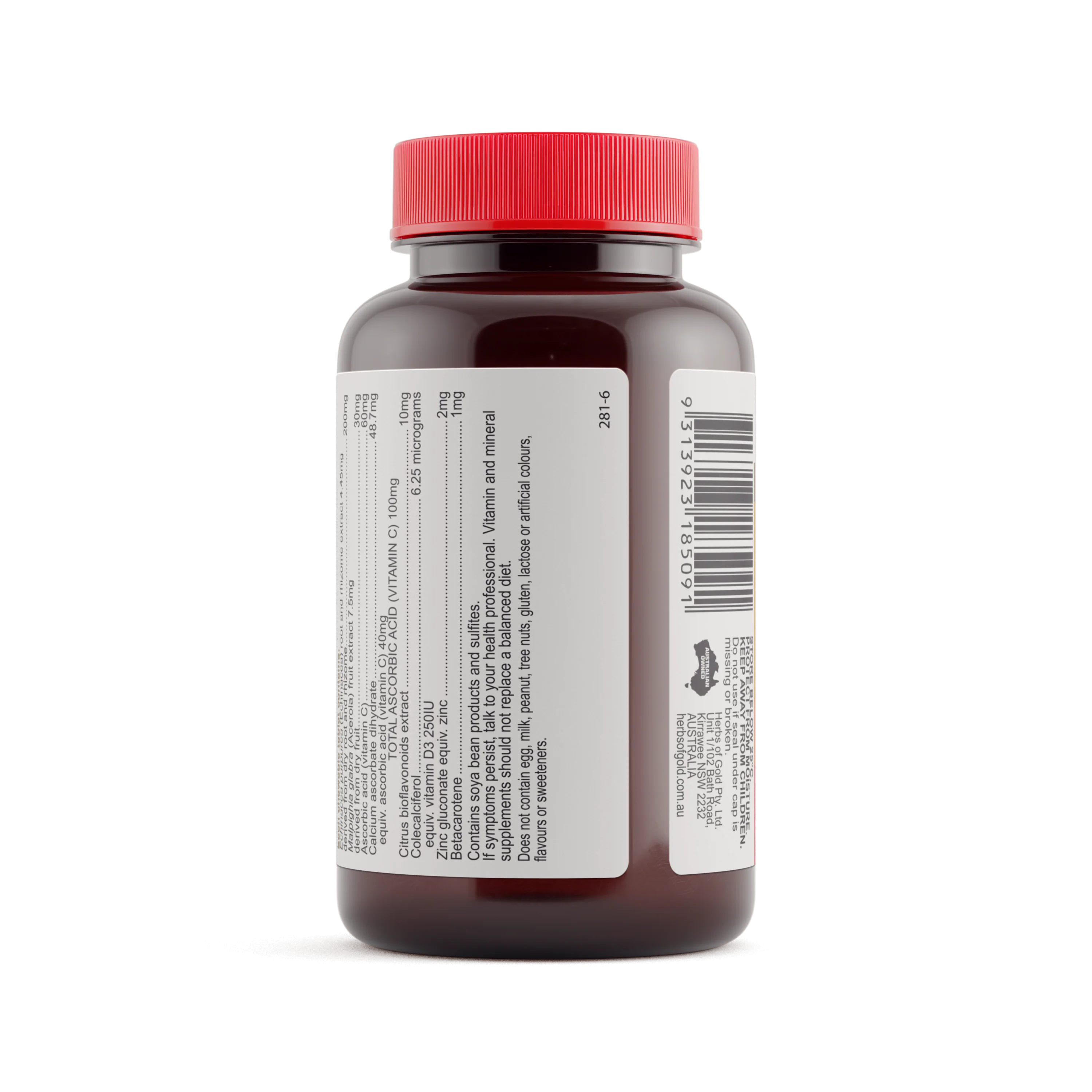 Herbs of Gold Children’s Immune Care 60 chewable tablets bottle showing supplement facts and ingredients label, including echinacea, vitamin C, and zinc.