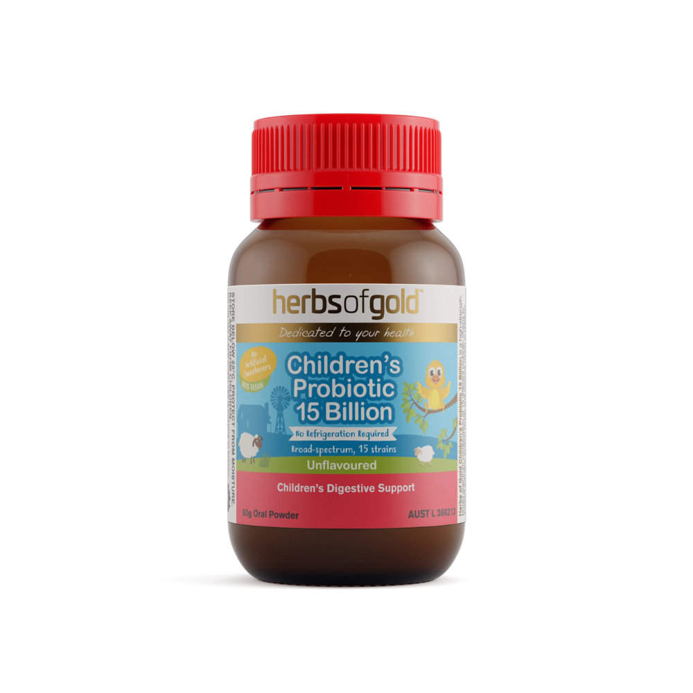 Bottle of Herbs of Gold Children's Probiotic 15 Billion, powder form, unflavored, with a red cap and label indicating it supports digestive health.