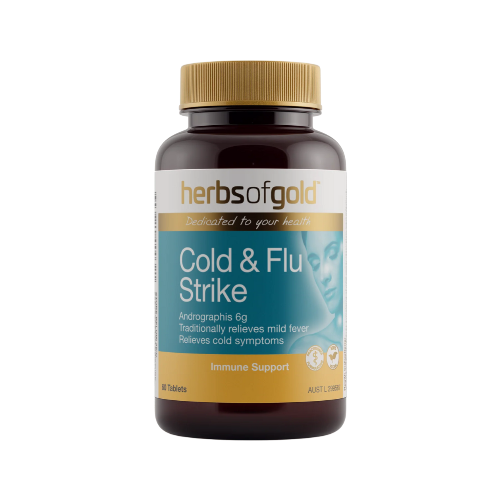 A bottle of Herbs of Gold Cold & Flu Strike supplement tablets for immune support.