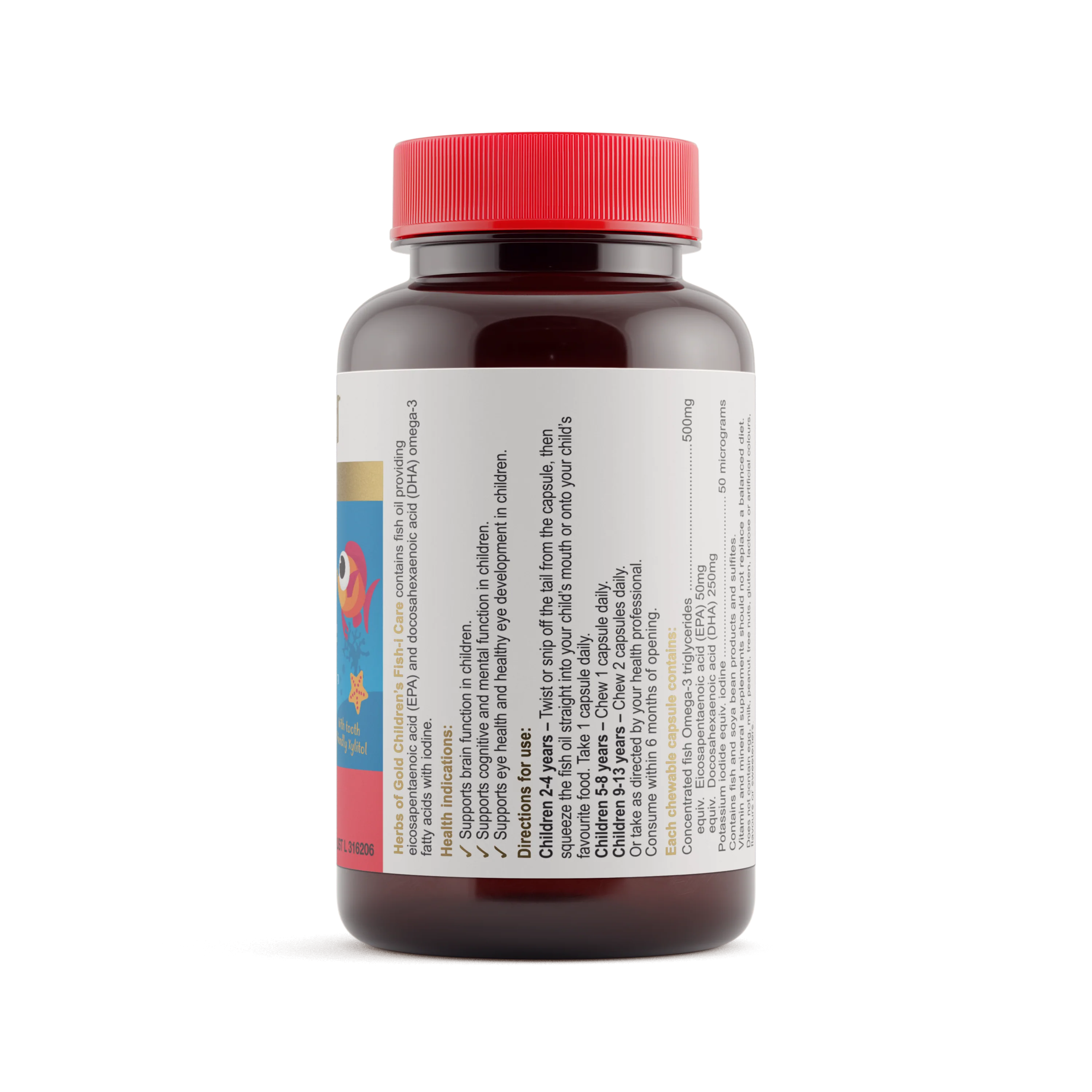 Herbs of Gold Children’s Fish-i Care bottle showing ingredients and supplement facts label, against a white background.