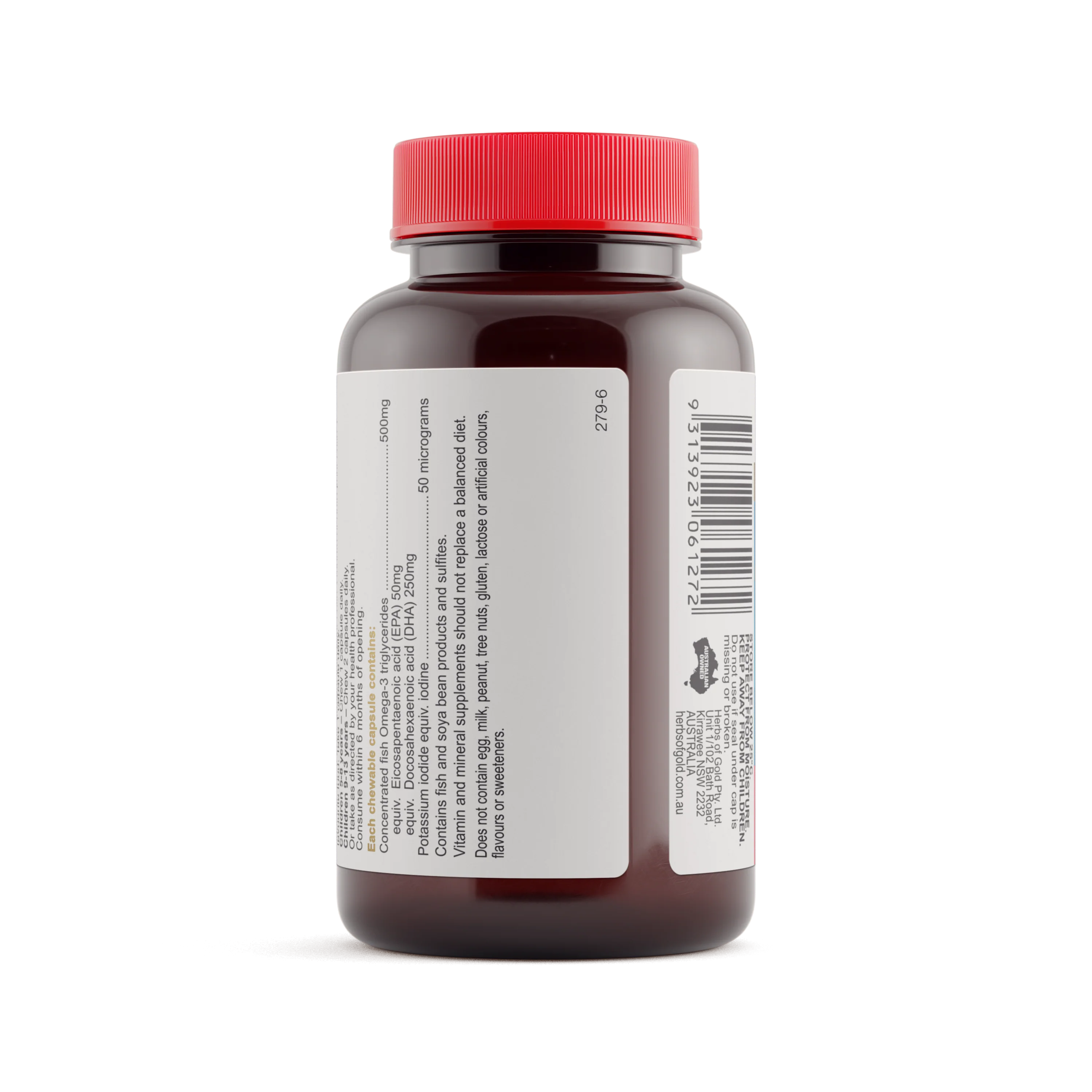 Herbs of Gold Children’s Fish-i Care bottle showing product directions and details, against a white background.