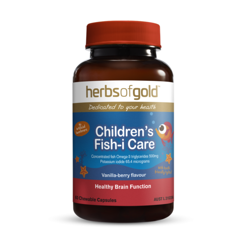 Bottle of Herbs of Gold Children's Fish-i Care chewable tablets with a vanilla berry flavor, designed to support brain function.