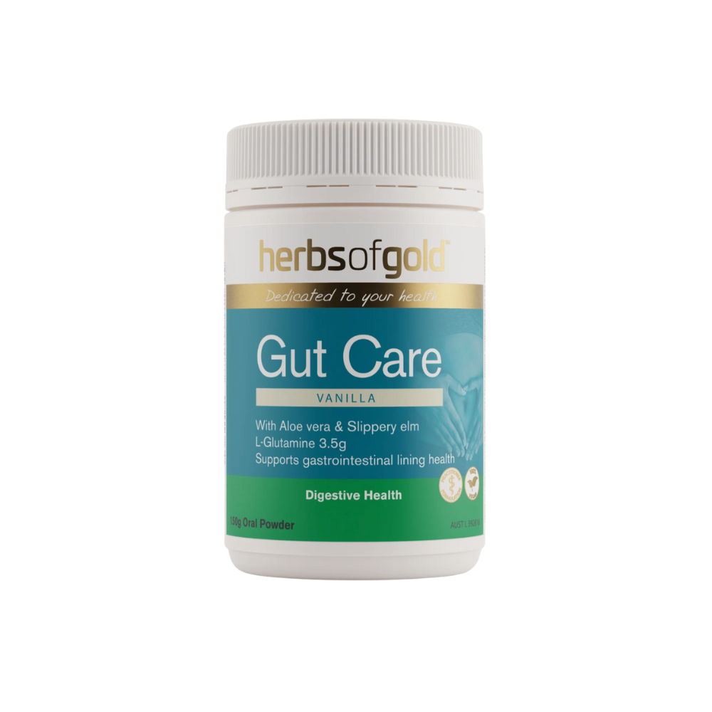 Herbs of Gold Gut Care Vanilla supplement container on a white background