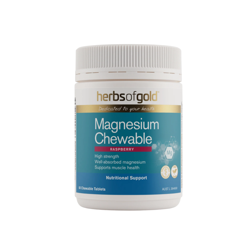 Herbs of Gold Magnesium Chewable Raspberry supplement bottle on a white background