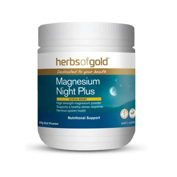 Herbs of Gold Magnesium Night Plus supplement container on a white background
