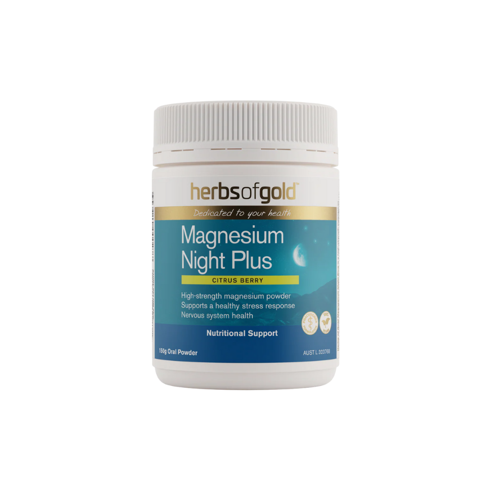 Herbs of Gold Magnesium Night Plus supplement container on a white background