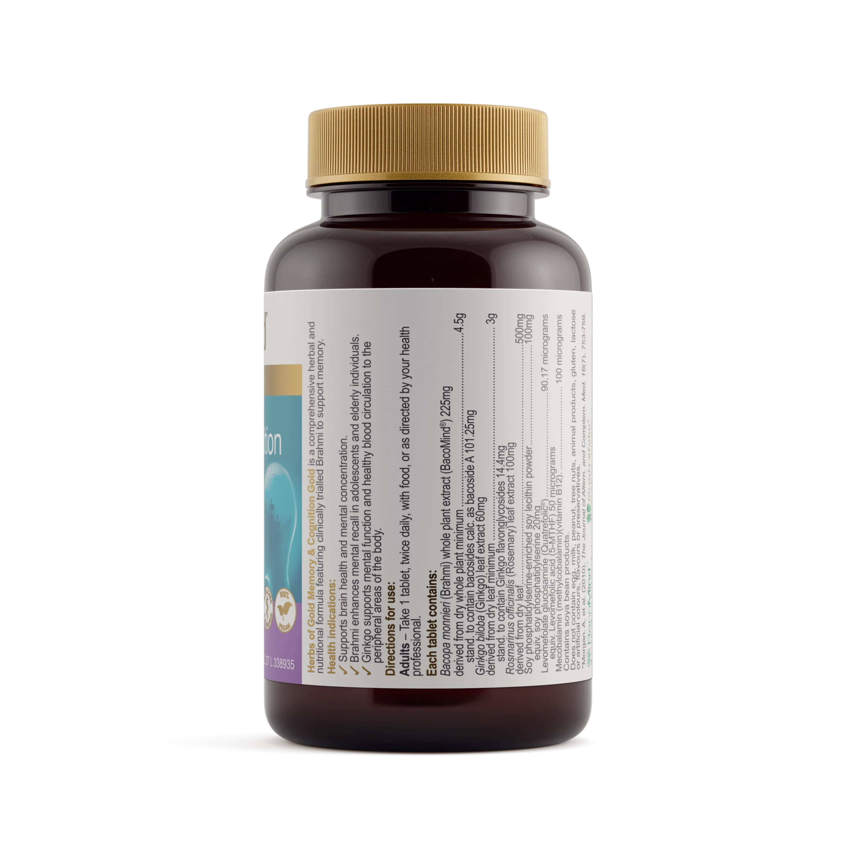 Supplement bottle with label facing the viewer on a white background