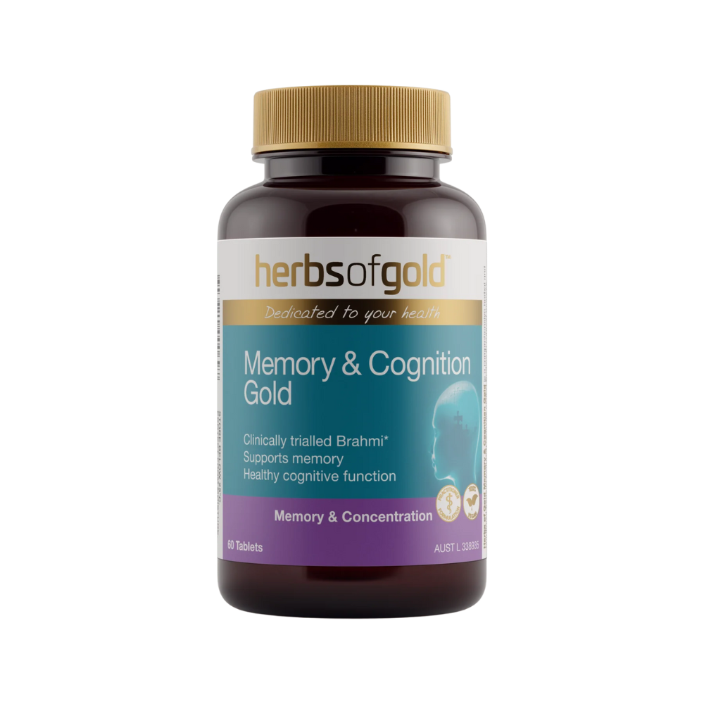 A bottle of Herbs of Gold Memory & Cognition Gold supplements with labels detailing the product's benefits for memory and cognitive function.