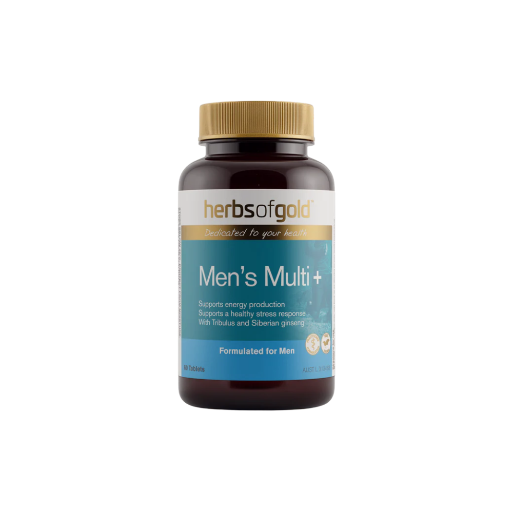 Bottle of Herbs of Gold Men's Multi+ supplement on a white background