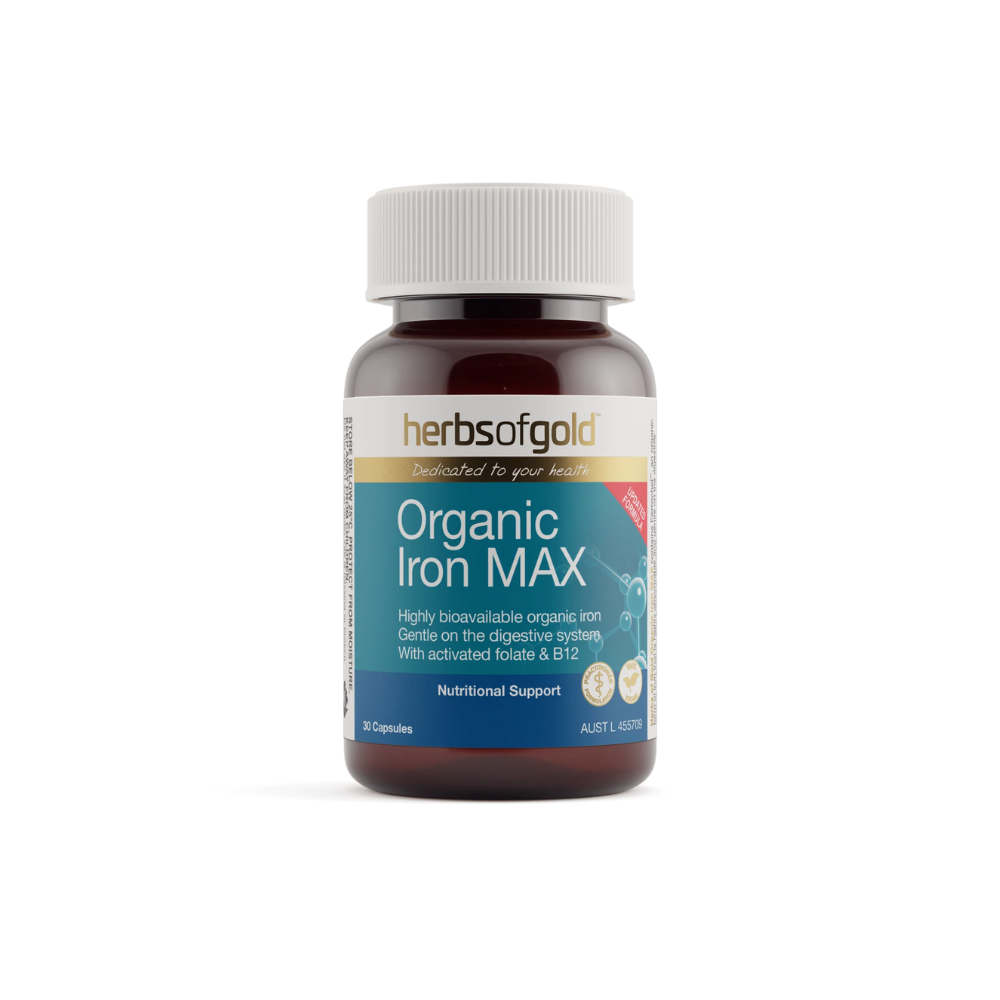 Herbs of Gold Organic Iron Max supplement bottle on a white background