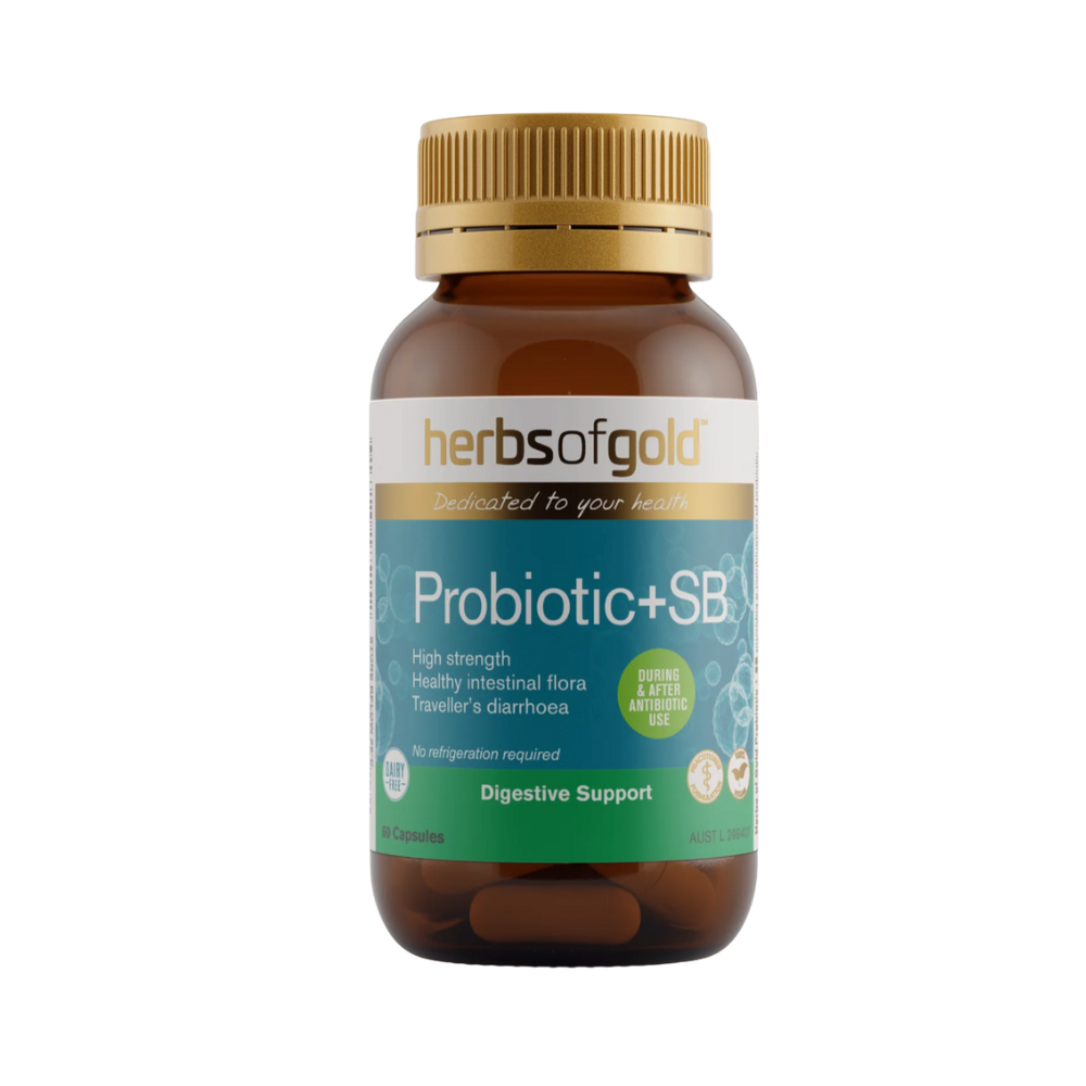 Herbs of Gold Probiotic+SBO supplement bottle on a white background