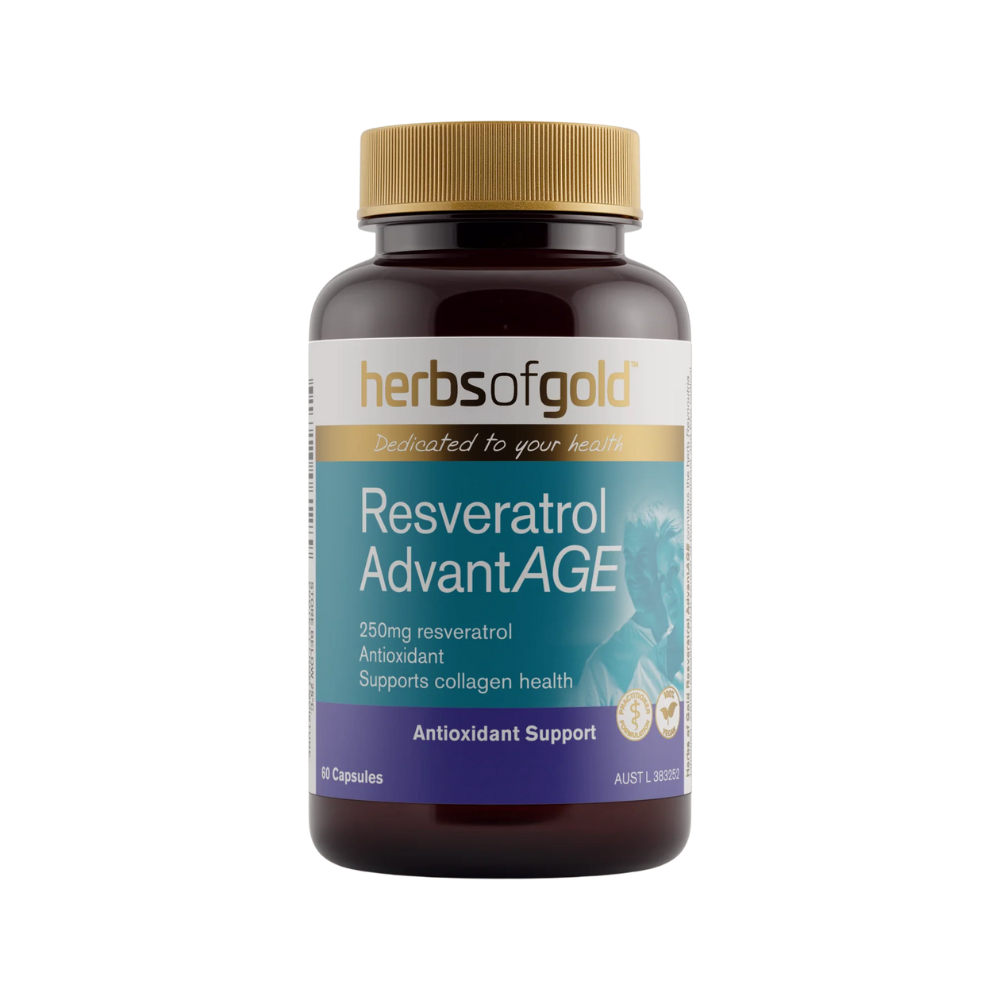 A bottle of Herbs of Gold Resveratrol AdvantAGE, which is a premium antioxidant formulation.