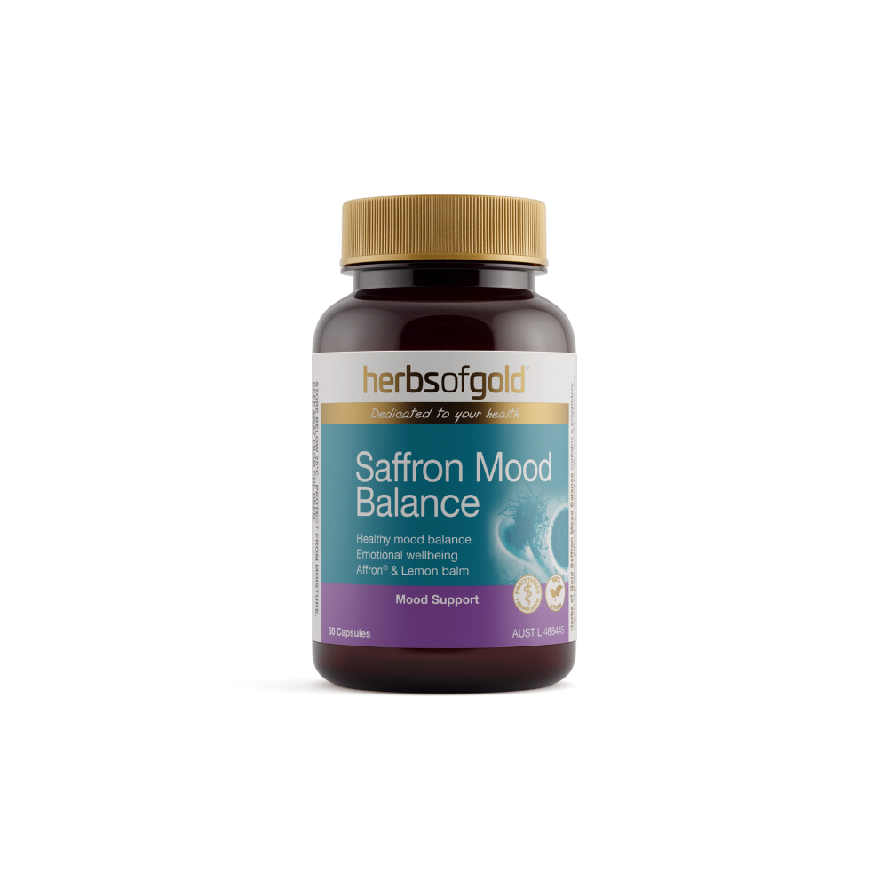 Herbs of Gold Saffron Mood Balance supplement bottle on a white background